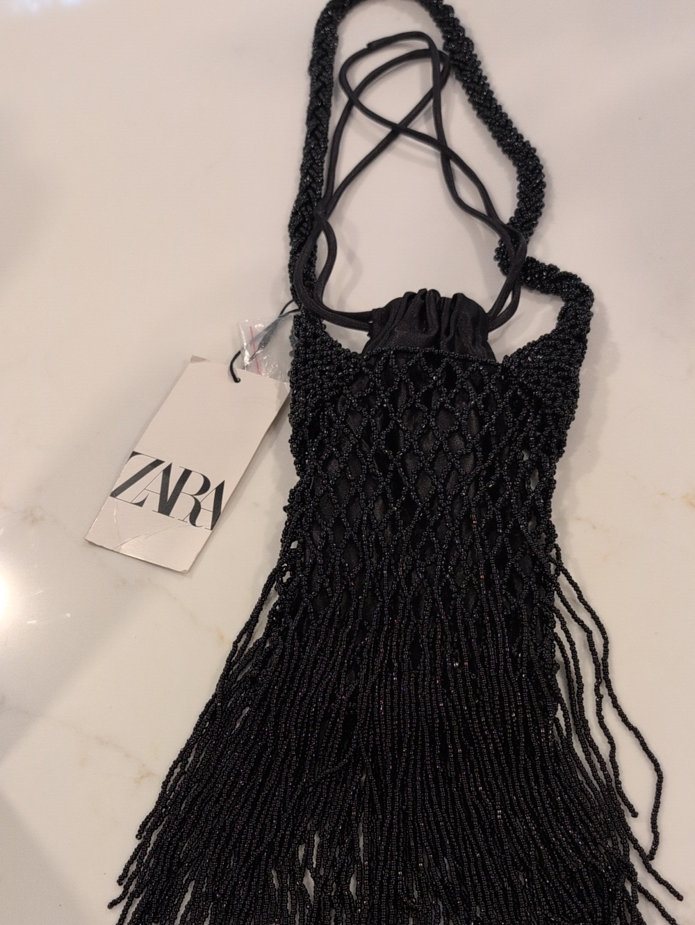 Zara Black Beaded Fringe Drawstring Shoulder Bag NWT